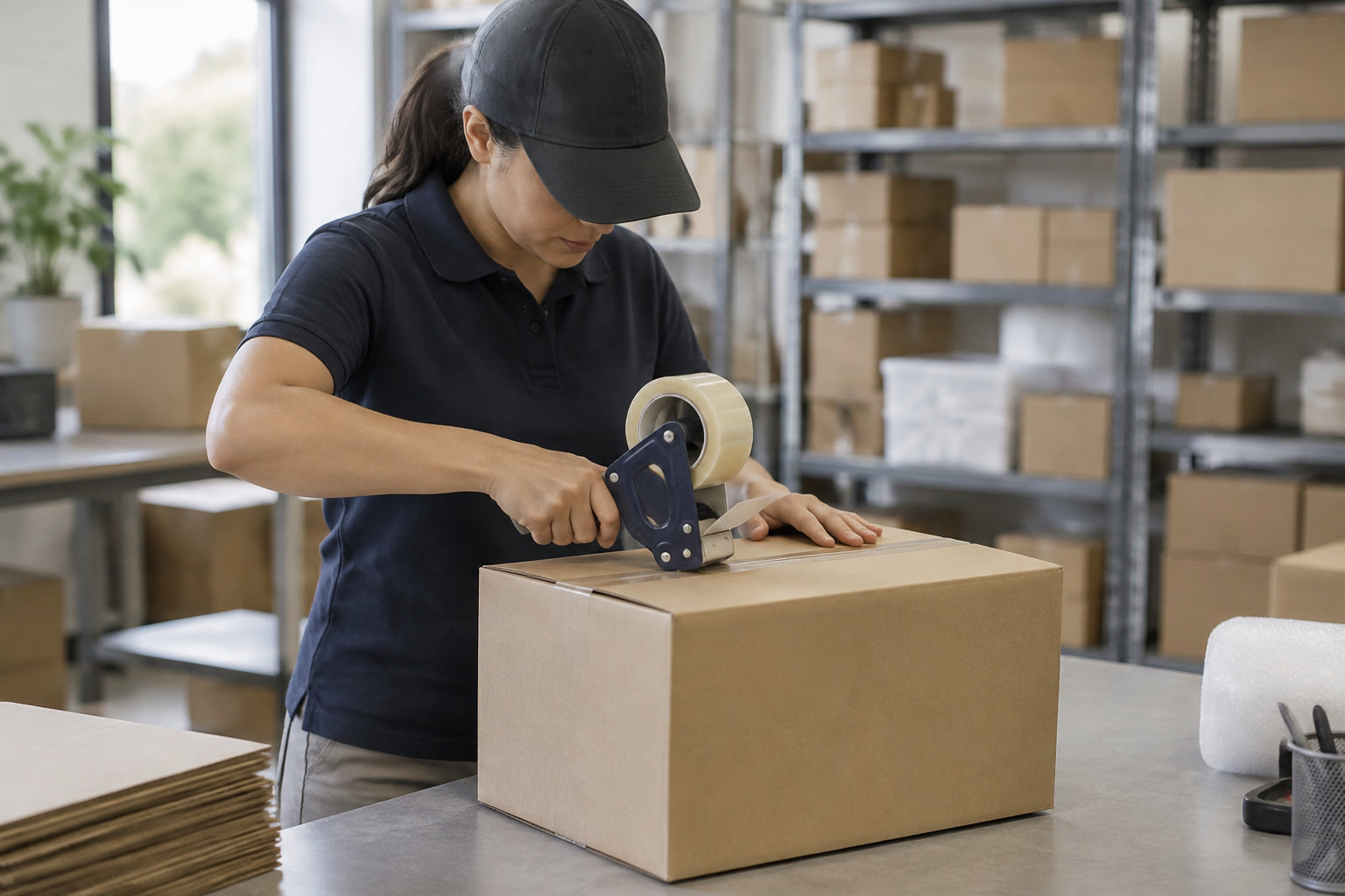 Une personne ferme un grand carton avec un dévidoir de ruban adhésif, dans un entrepôt où des cartons sont rangés sur des étagères.