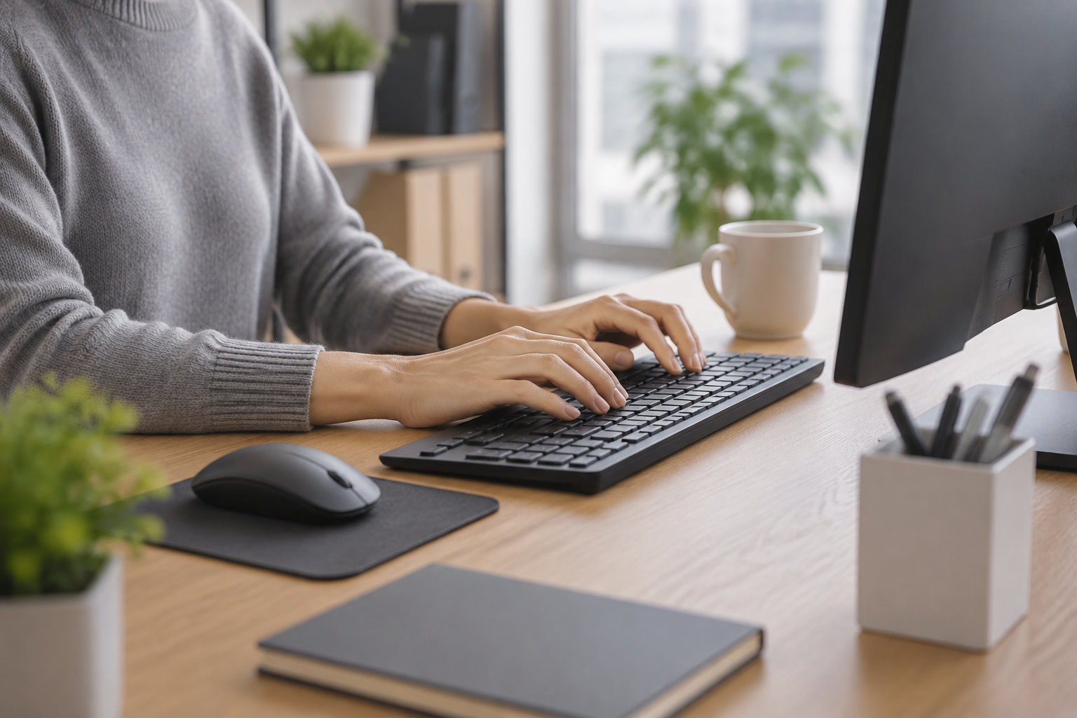 Une personne portant un pull gris tape sur un clavier devant un écran, à un bureau où se trouvent une souris, une tasse, un pot à crayons, un carnet et des plantes.