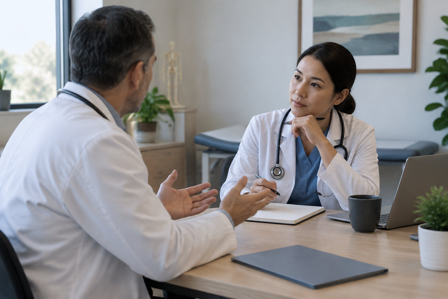 Deux médecins en blouse blanche discutent autour d’un bureau dans un cabinet médical.
