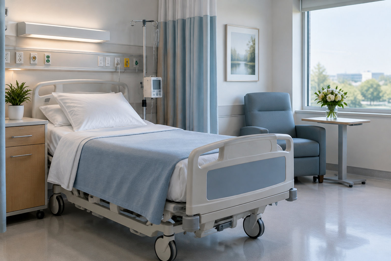 Une chambre d’hôpital vide avec un lit médicalisé, un fauteuil, une table, des fleurs et une grande fenêtre.