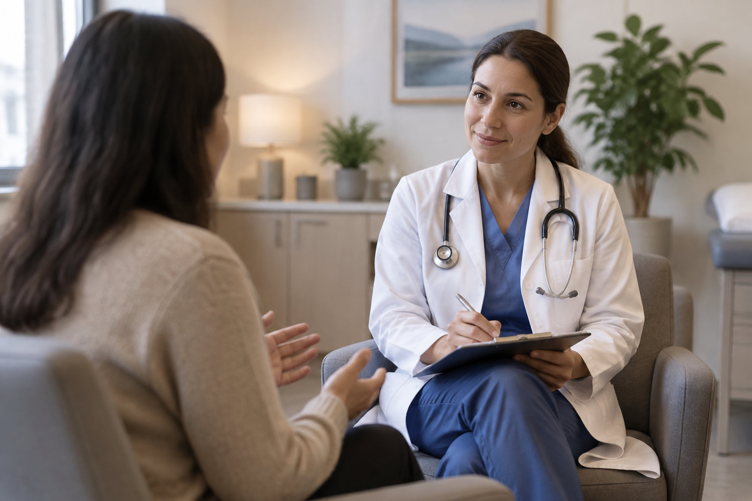 Une médecin en blouse blanche, munie d’un stéthoscope et d’un carnet, écoute une patiente assise en face d’elle dans un cabinet.