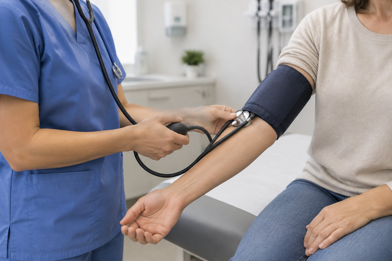 Un soignant en blouse bleue mesure la tension artérielle d’une personne assise à l’aide d’un brassard et d’un stéthoscope.