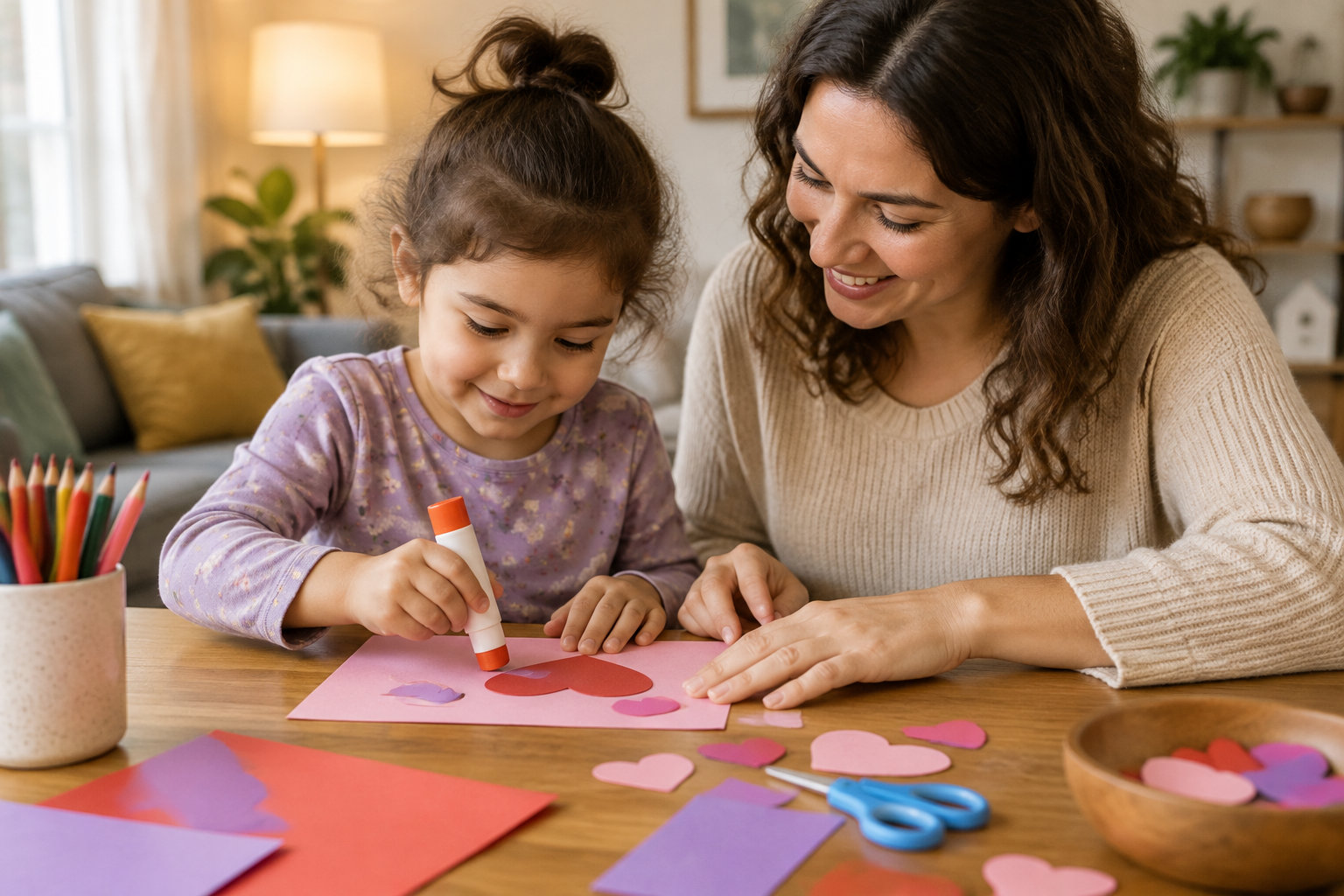 Une mère et une jeune fille souriante collent des formes en papier coloré sur une feuille rose, autour de laquelle sont disposés des crayons, des ciseaux et d’autres découpages.