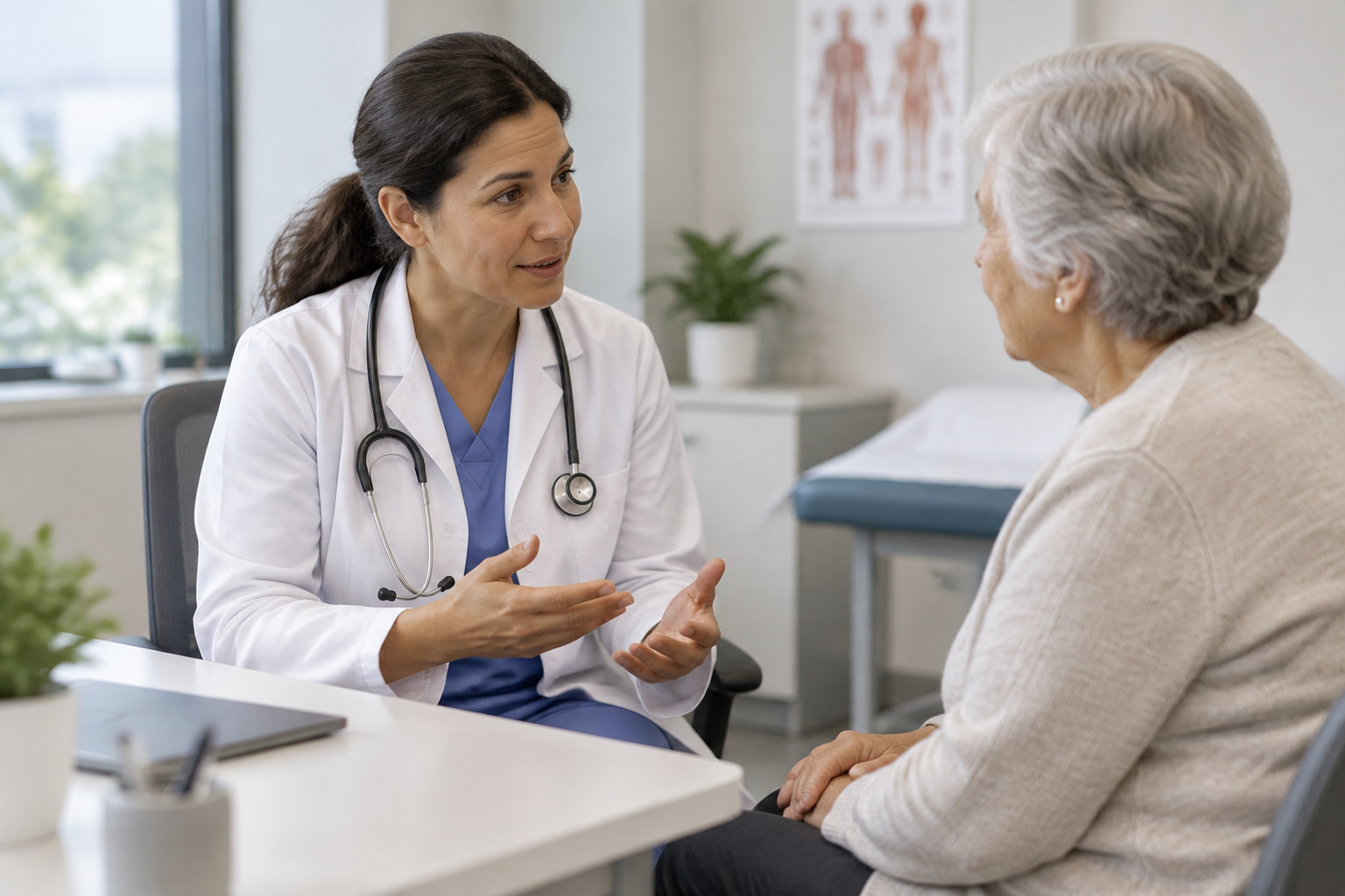 Une médecin en blouse blanche discute avec une patiente âgée dans un cabinet médical.