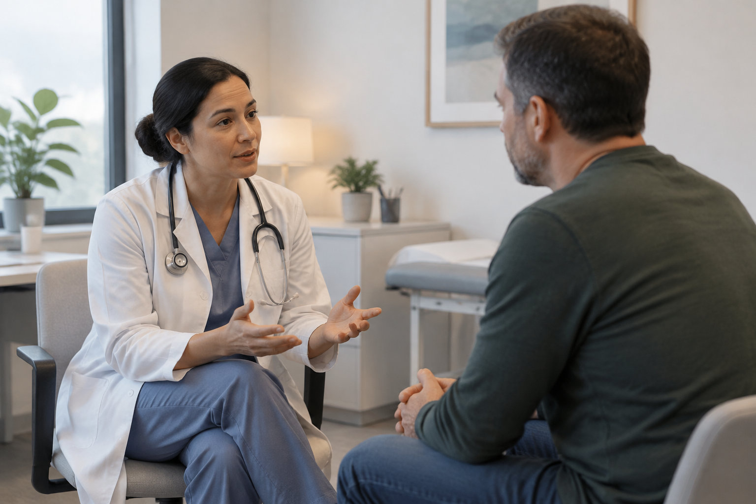 Une médecin en blouse blanche, avec un stéthoscope, échange avec un patient assis dans un cabinet médical.