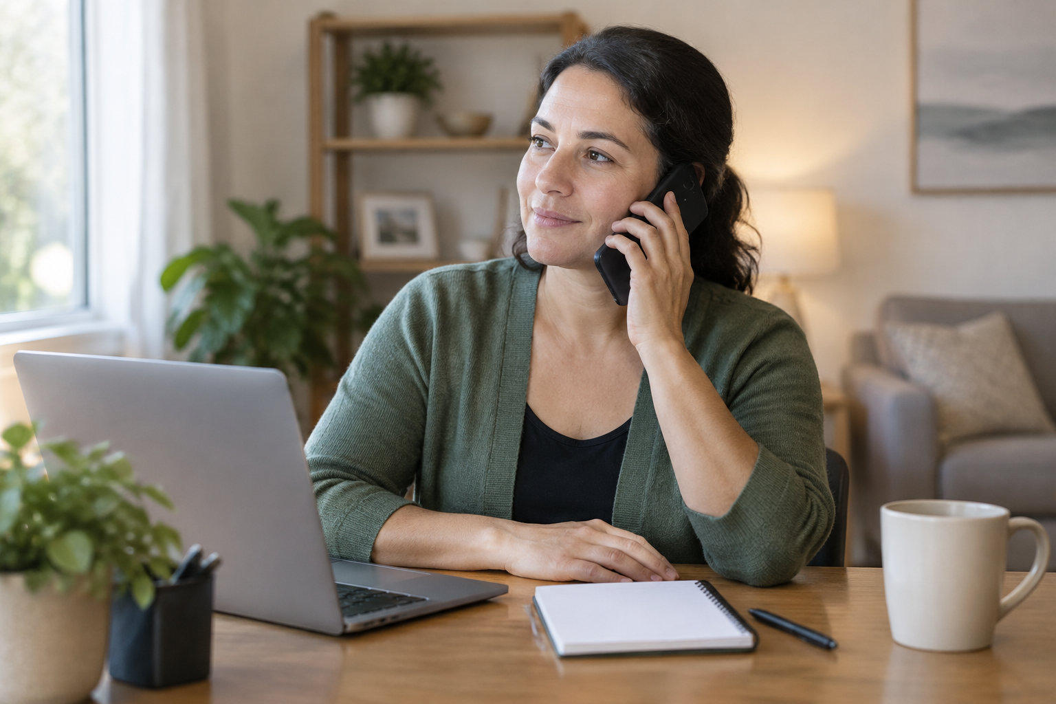 Une femme assise à un bureau parle au téléphone, devant un ordinateur portable, un carnet et une tasse.
