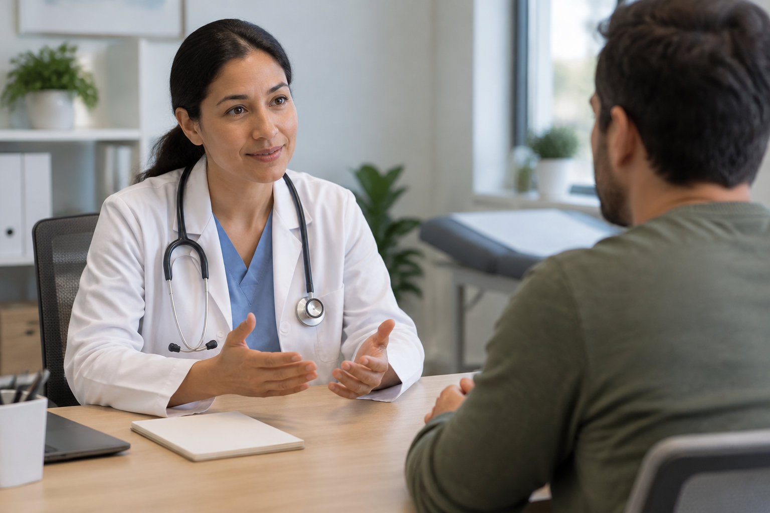 Une médecin en blouse blanche, équipée d’un stéthoscope, parle avec un patient assis en face d’elle dans un cabinet médical.