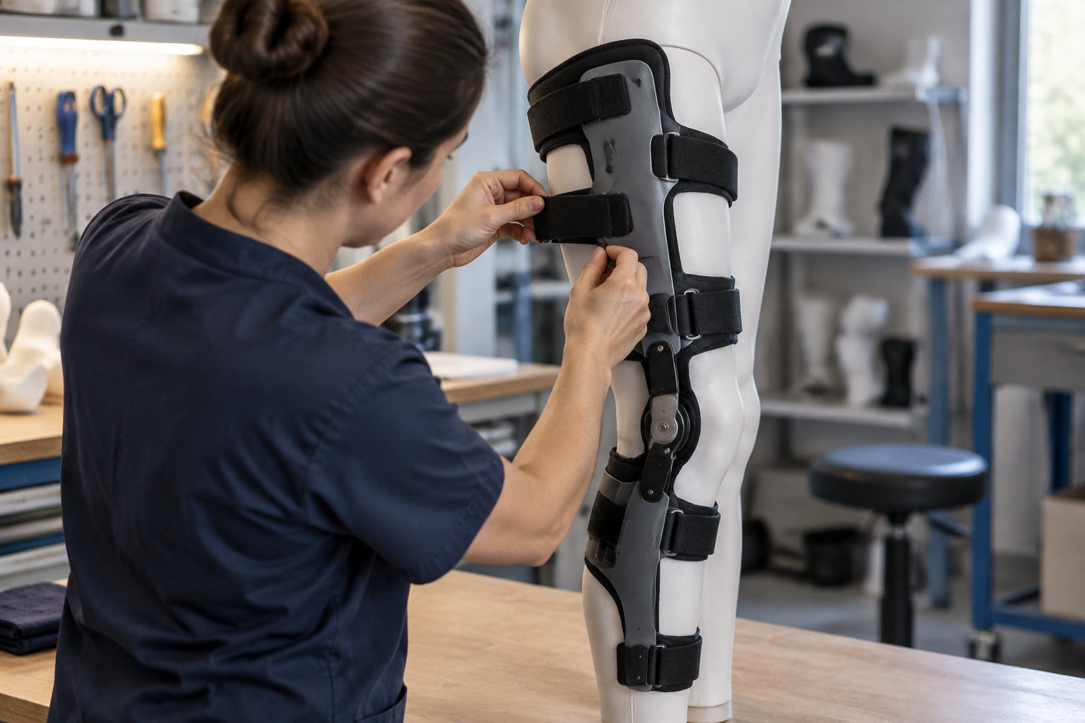 Une personne ajuste une orthèse articulée noire sur la jambe d’un mannequin dans un atelier.