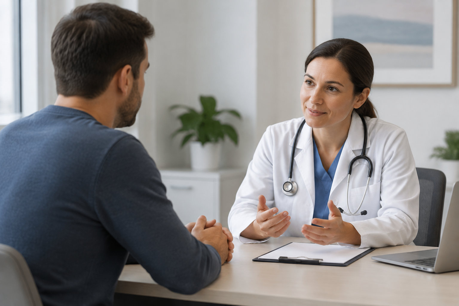 Une médecin en blouse blanche, avec un stéthoscope, échange avec un patient assis en face d’elle dans un cabinet médical.