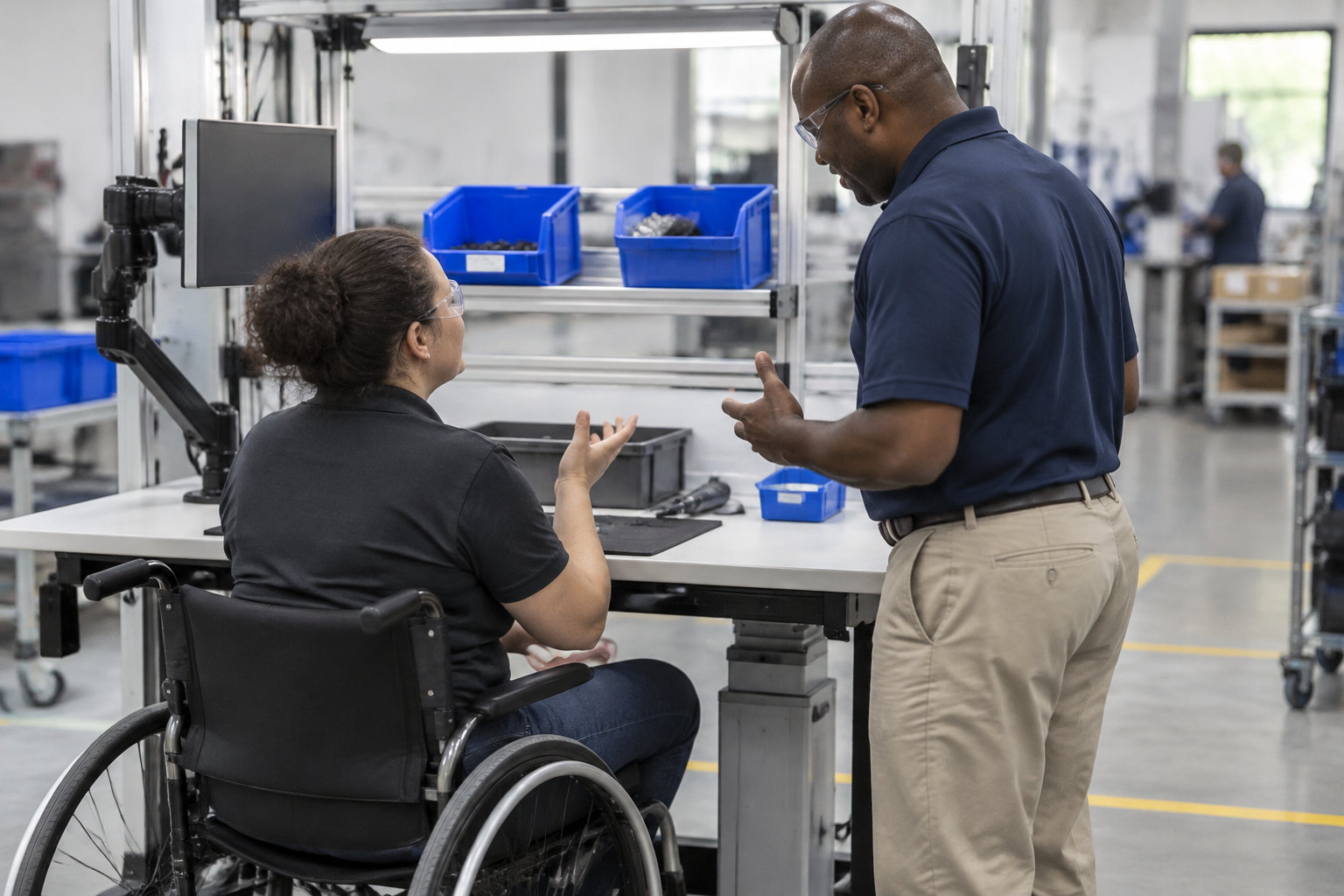 Dans un atelier industriel, une femme en fauteuil roulant et un homme debout discutent près d’un établi équipé d’un écran et de bacs bleus.