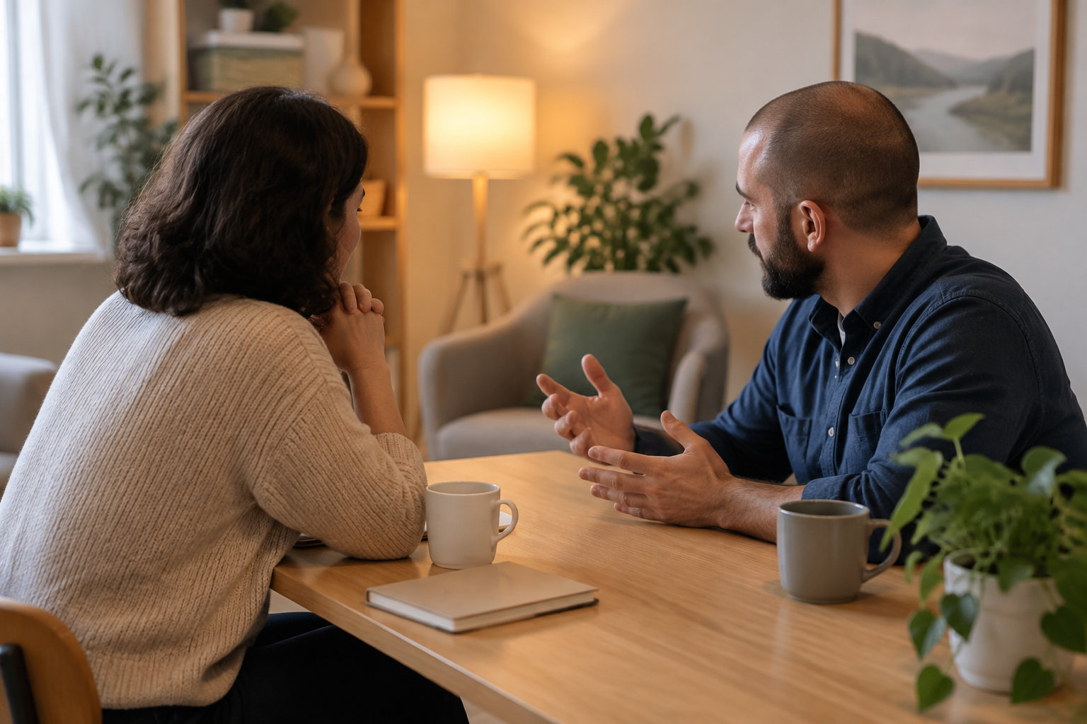 Deux personnes sont assises face à face autour d’une table en bois et discutent dans un salon chaleureux, avec deux tasses et un carnet posés sur la table.
