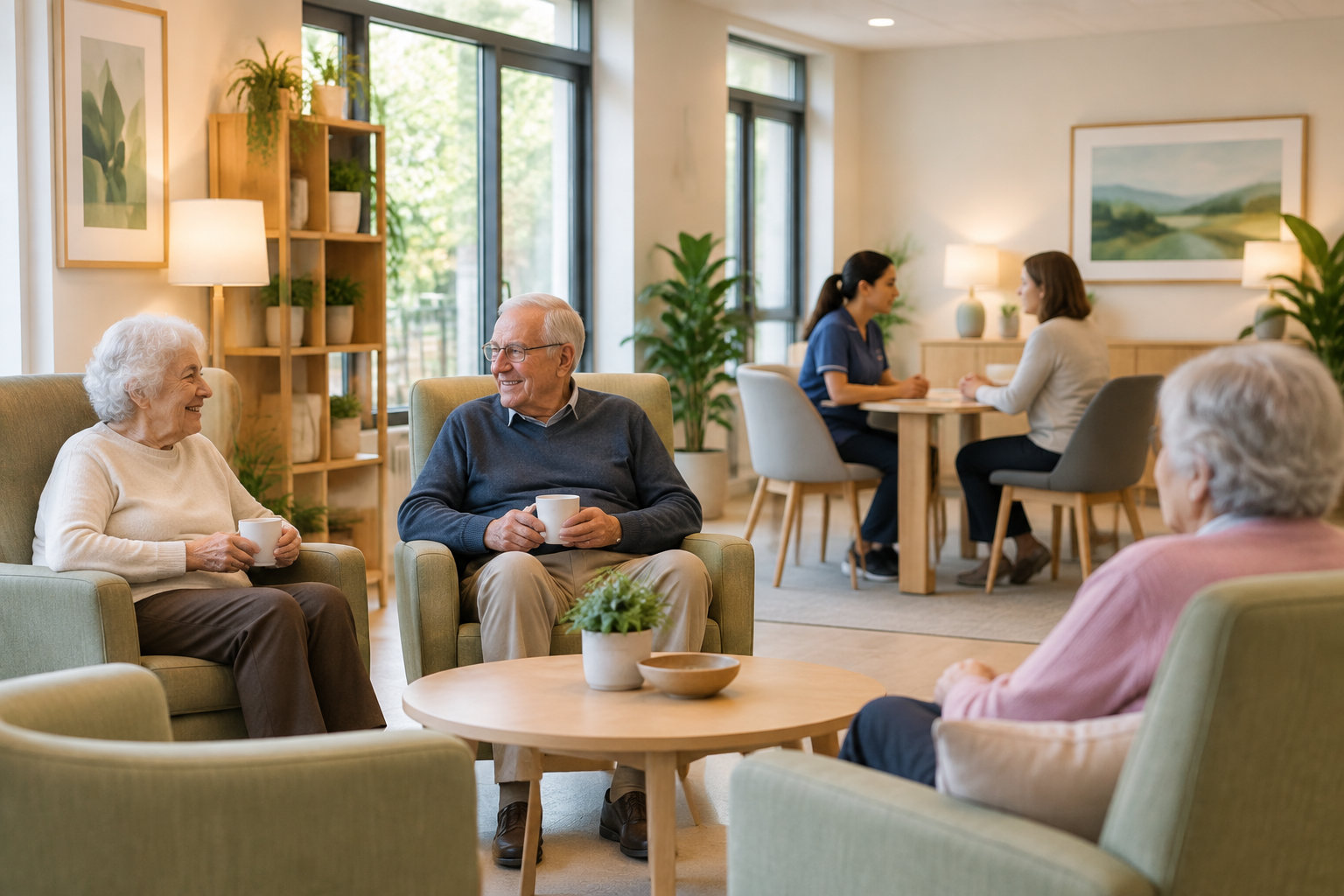 Des personnes âgées discutent dans un salon lumineux tandis qu’une soignante échange avec une femme assises à une table en arrière-plan.
