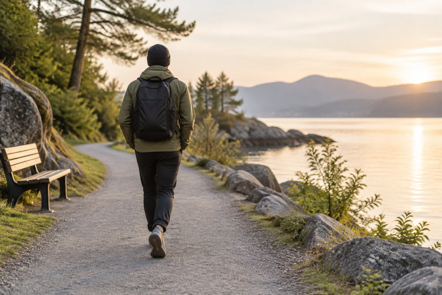 Une personne portant un sac à dos marche sur un sentier au bord d’un lac, parmi les arbres et les rochers, au coucher du soleil.