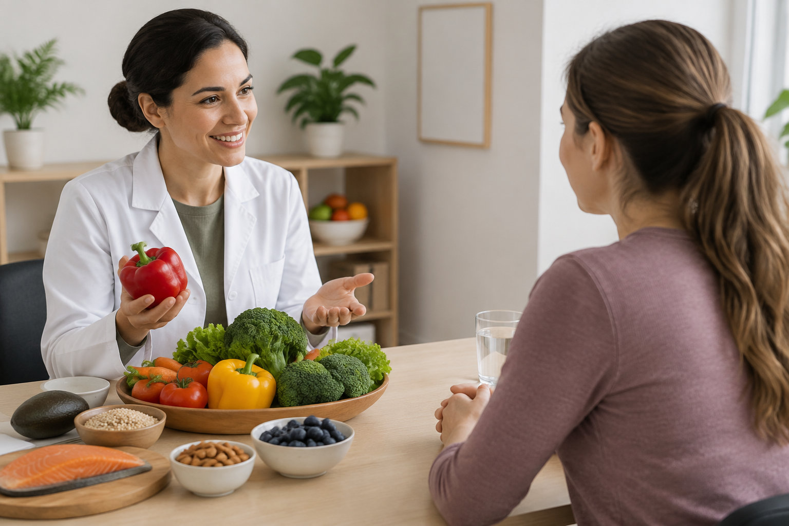 Une professionnelle en blouse blanche montre un poivron rouge à une femme assise en face d’elle, tandis que des légumes, du poisson et des bols d’aliments sont disposés sur la table.