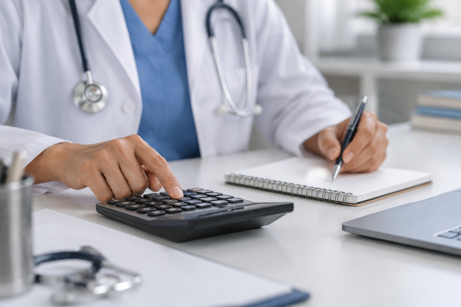 Une personne en blouse blanche et stéthoscope utilise une calculatrice tout en tenant un stylo au-dessus d’un cahier, devant un ordinateur portable.