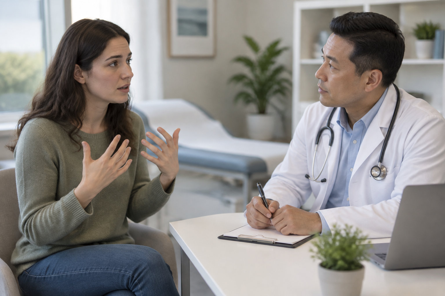 Une femme parle en gesticulant tandis qu’un médecin l’écoute et prend des notes dans un cabinet médical.