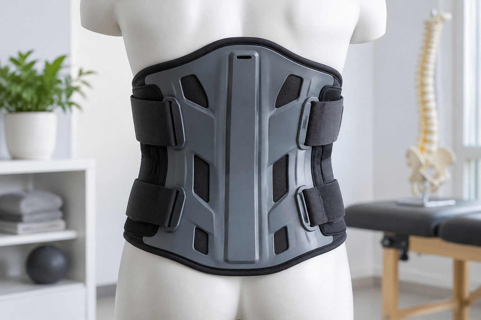 Une orthèse lombaire grise et noire est portée sur le torse d’un mannequin, dans une pièce avec une table de soin, une plante et un modèle de colonne vertébrale.