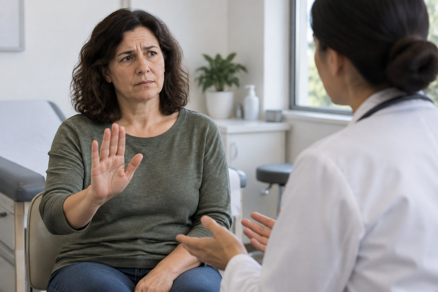 Une femme assise dans un cabinet médical lève la main devant une professionnelle de santé qui lui parle.