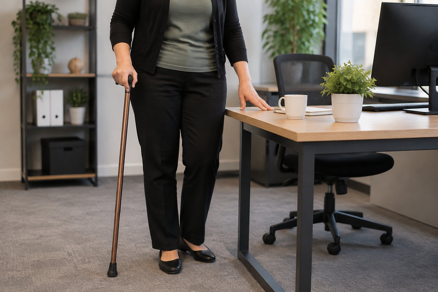 Une personne appuyée sur une canne se tient près d’un bureau avec un ordinateur, une tasse et une plante dans un espace de travail.