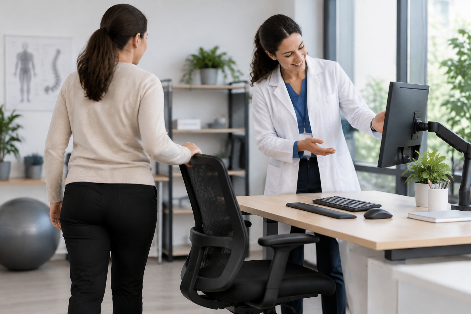 Une médecin en blouse blanche présente un écran d’ordinateur à une femme debout près d’une chaise, dans un cabinet médical.