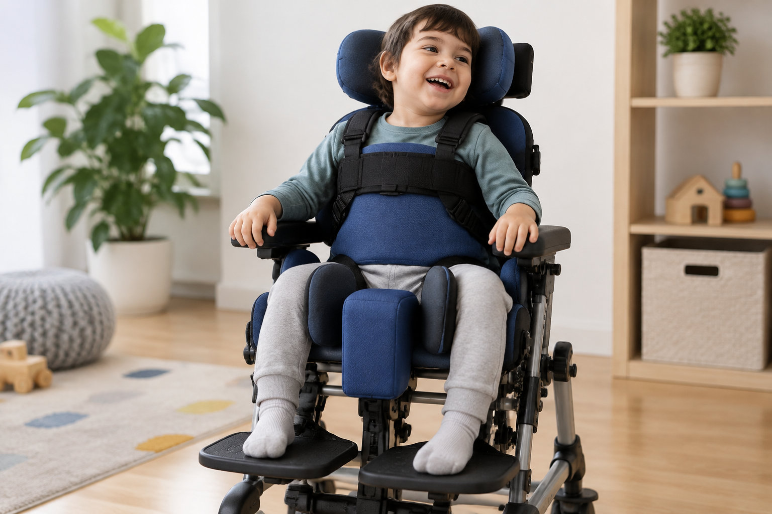 Un enfant souriant est assis dans un fauteuil adapté avec des sangles et des supports pour les jambes, dans une pièce avec des plantes, une étagère et des jouets.