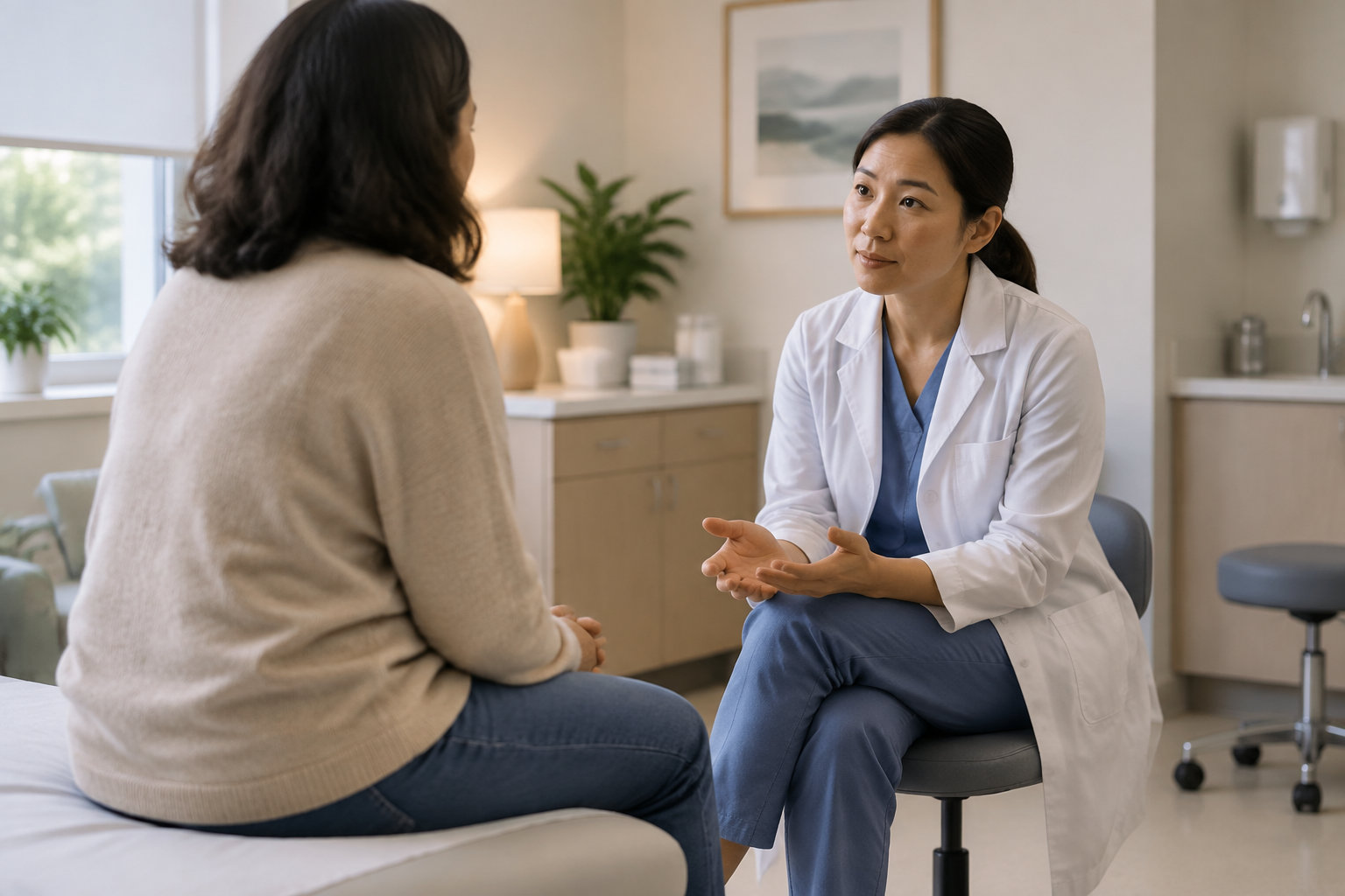 Une médecin en blouse blanche discute avec une patiente assise dans un cabinet médical.