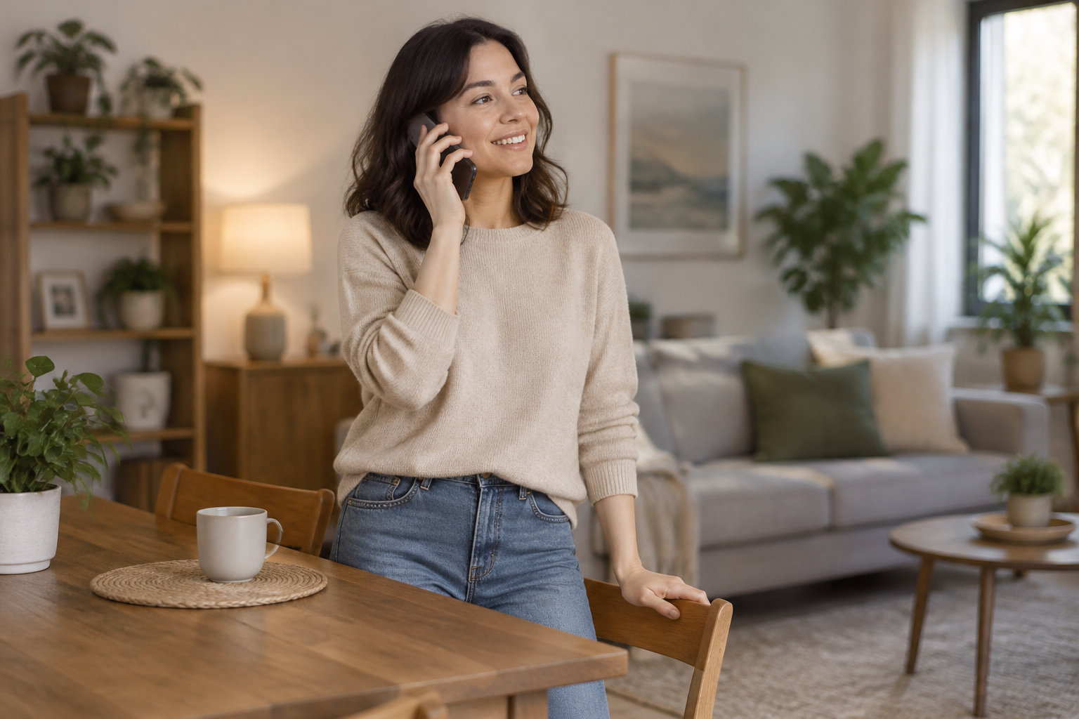 Une femme souriante parle au téléphone près d’une table en bois, dans un salon lumineux.