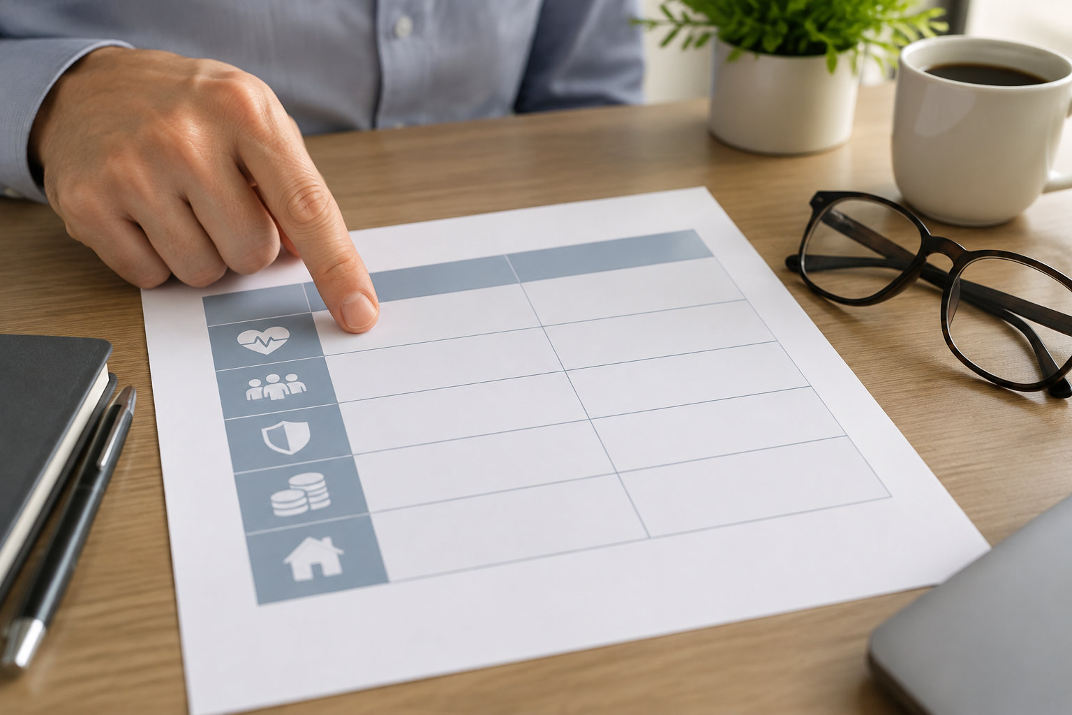 Un doigt désigne une case d’un tableau vierge illustré de pictogrammes, posé sur un bureau avec des lunettes, un stylo, une tasse et une plante.