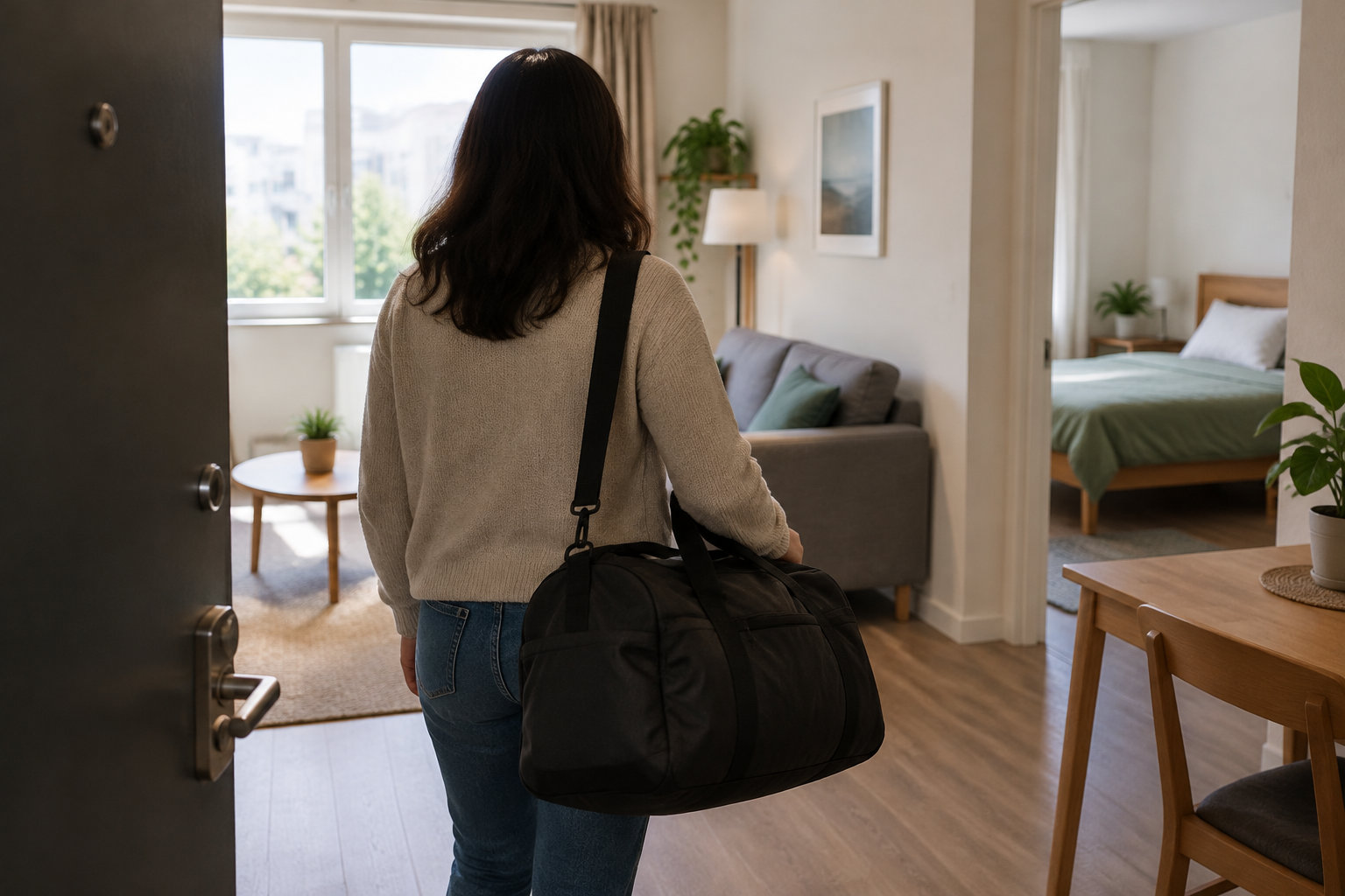 Une femme portant un grand sac noir entre dans un appartement meublé, avec un salon et une chambre visibles.