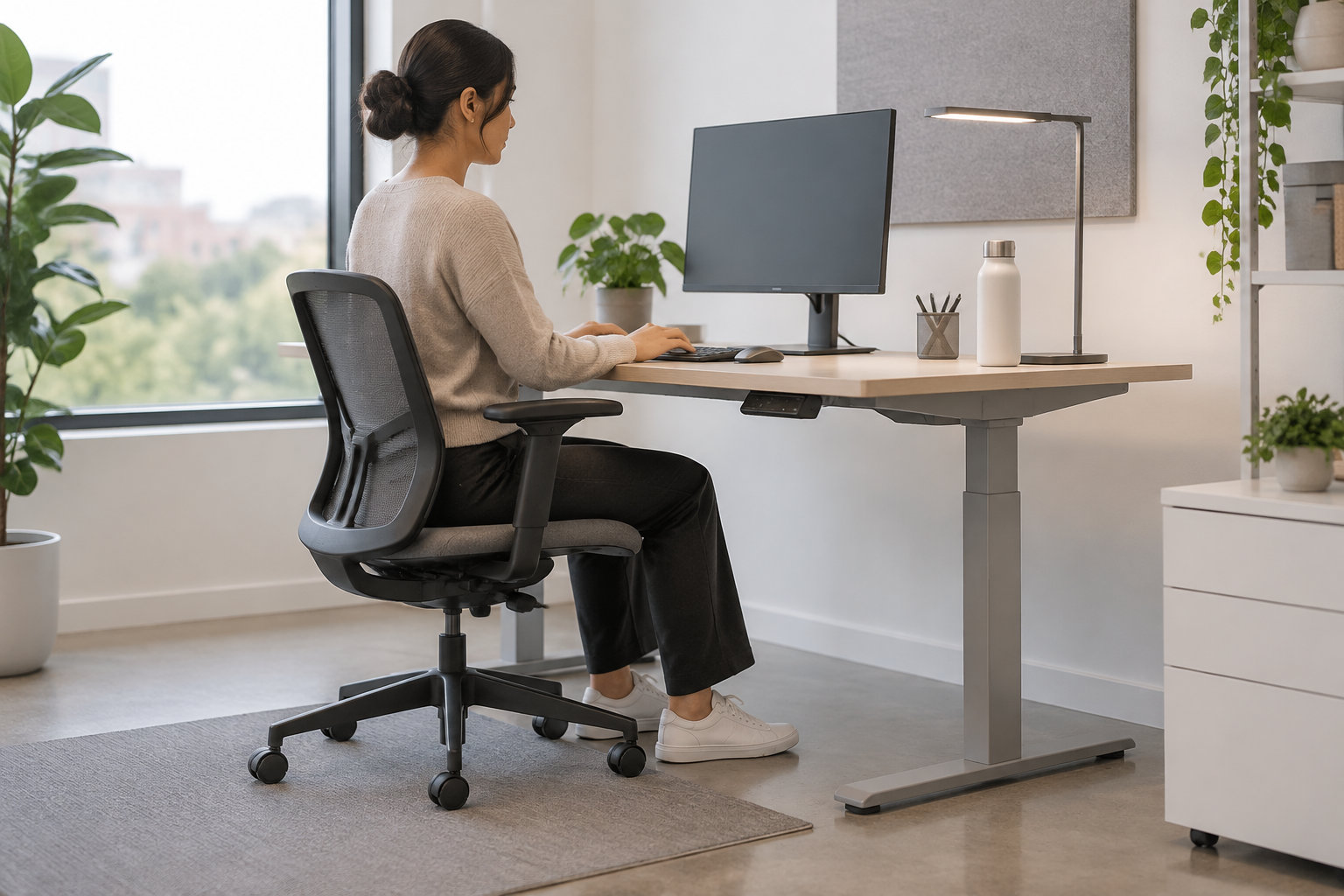 Une femme assise à un bureau tape sur un clavier devant un écran dans un bureau lumineux avec des plantes.