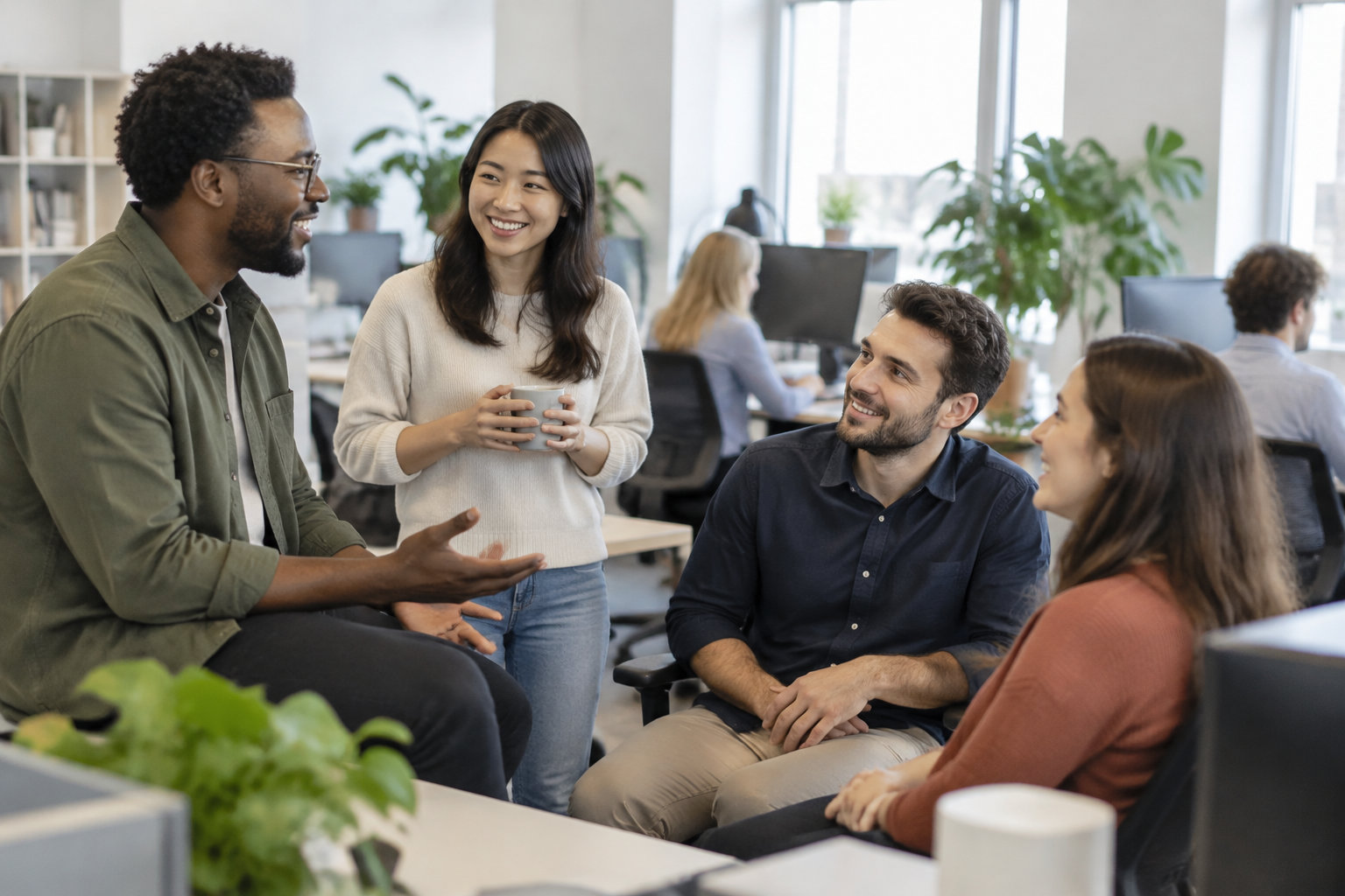 Quatre collègues souriants discutent dans un bureau ouvert, tandis que d’autres personnes travaillent devant des écrans en arrière-plan.