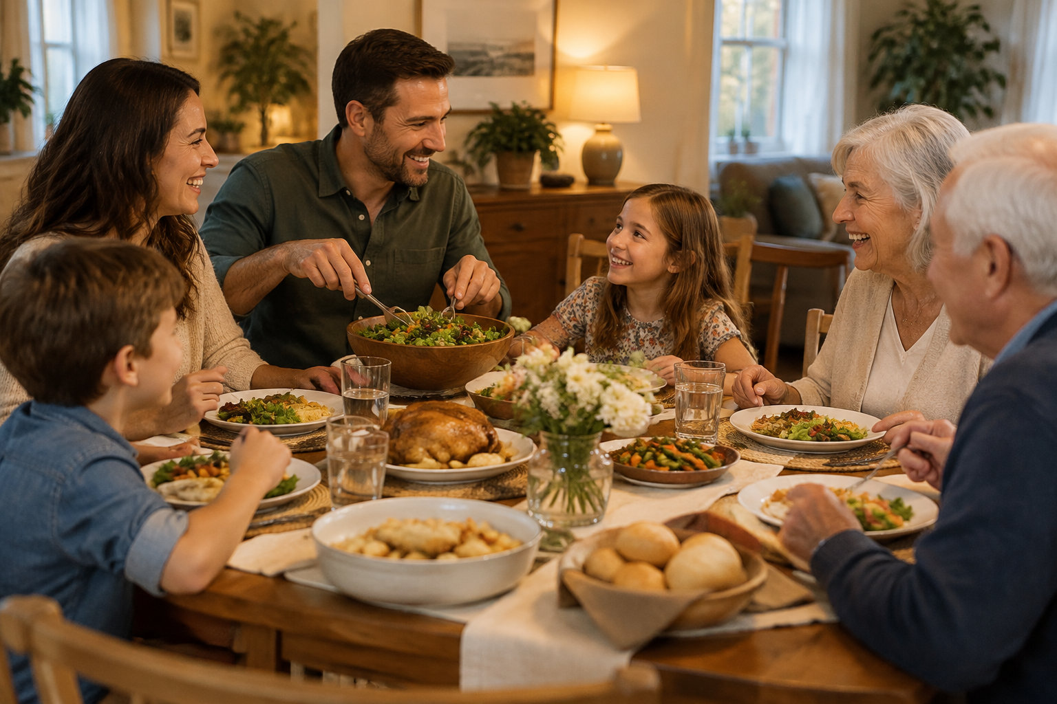 Une famille réunie autour d’une table partage un repas dans une salle à manger chaleureuse.