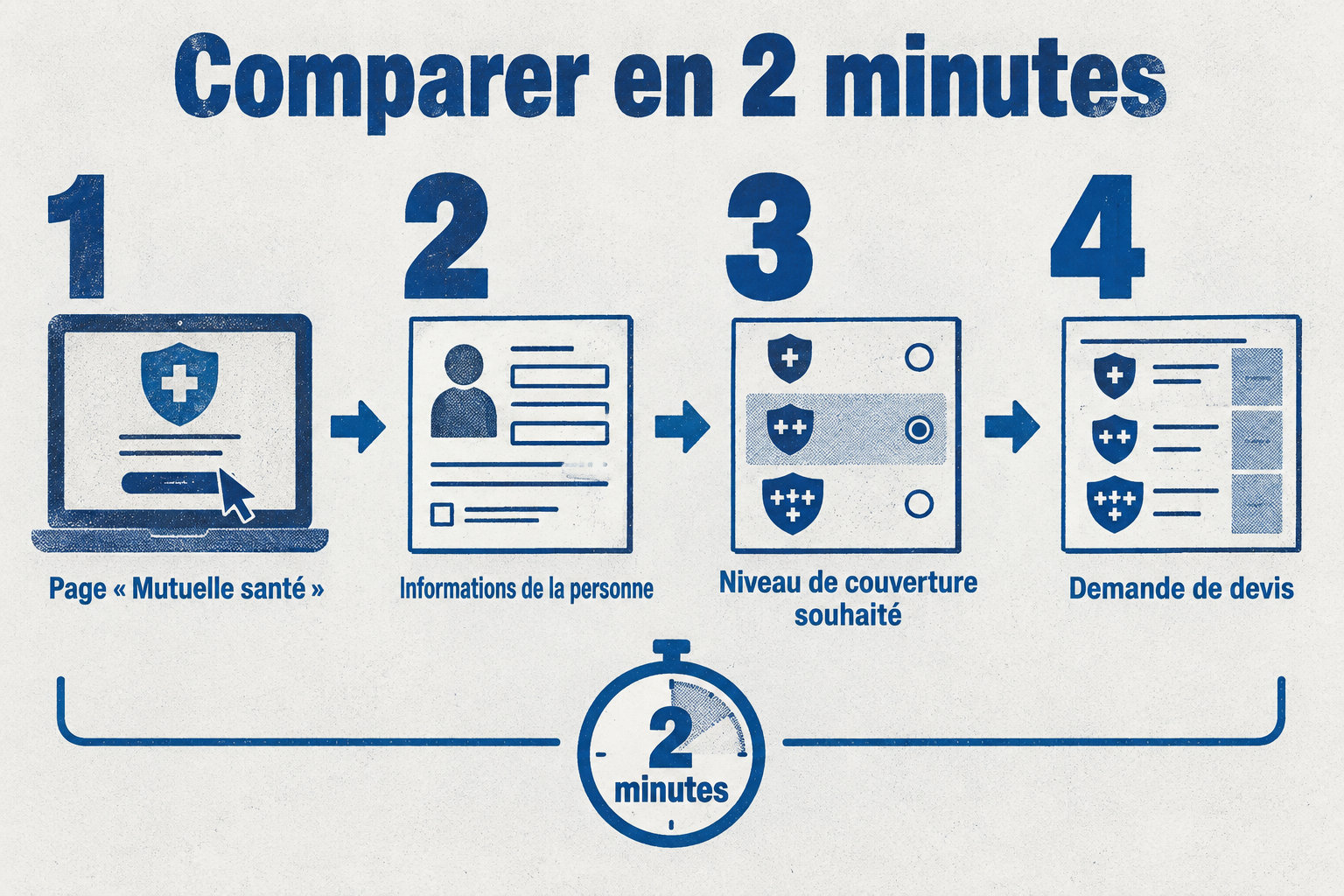 Le parcours part de la page « Mutuelle santé », passe par les informations de la personne et le niveau de couverture souhaité, puis mène à une demande de devis en environ 2 minutes.