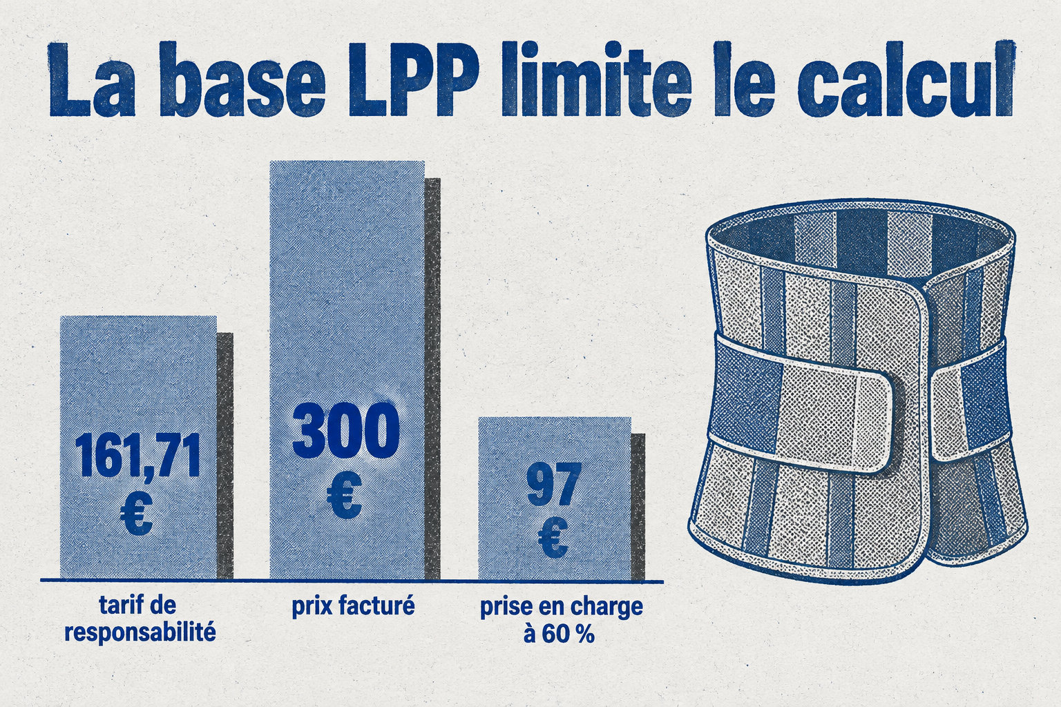 Pour un corset facturé 300 €, le tarif de responsabilité de 161,71 € sert de base au calcul : la prise en charge à 60 % est d’environ 97 €.