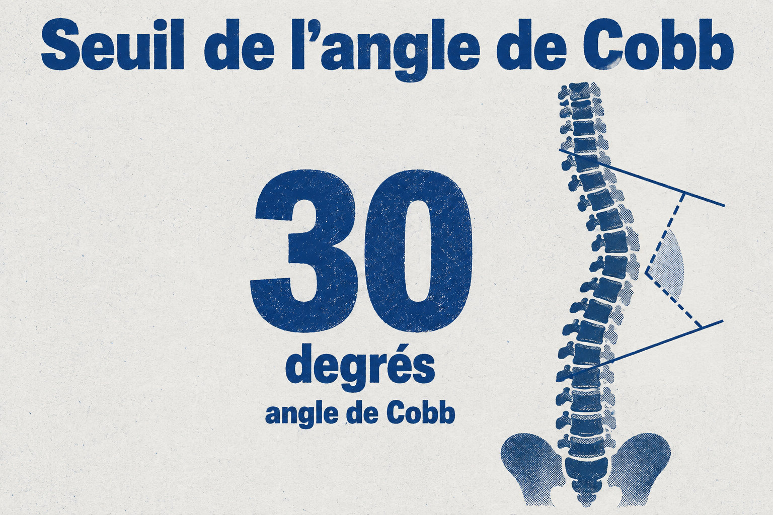 Un schéma de colonne indique une courbure mesurée à 30 degrés selon l’angle de Cobb, seuil pouvant ouvrir droit à l’exonération du ticket modérateur quel que soit l’âge.