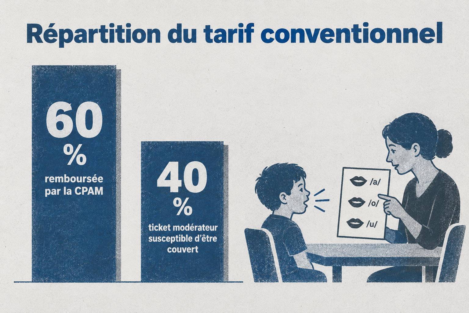 Sur le tarif conventionnel, la CPAM rembourse 60 % et les 40 % restants correspondent au ticket modérateur, susceptible d’être couvert par une complémentaire.