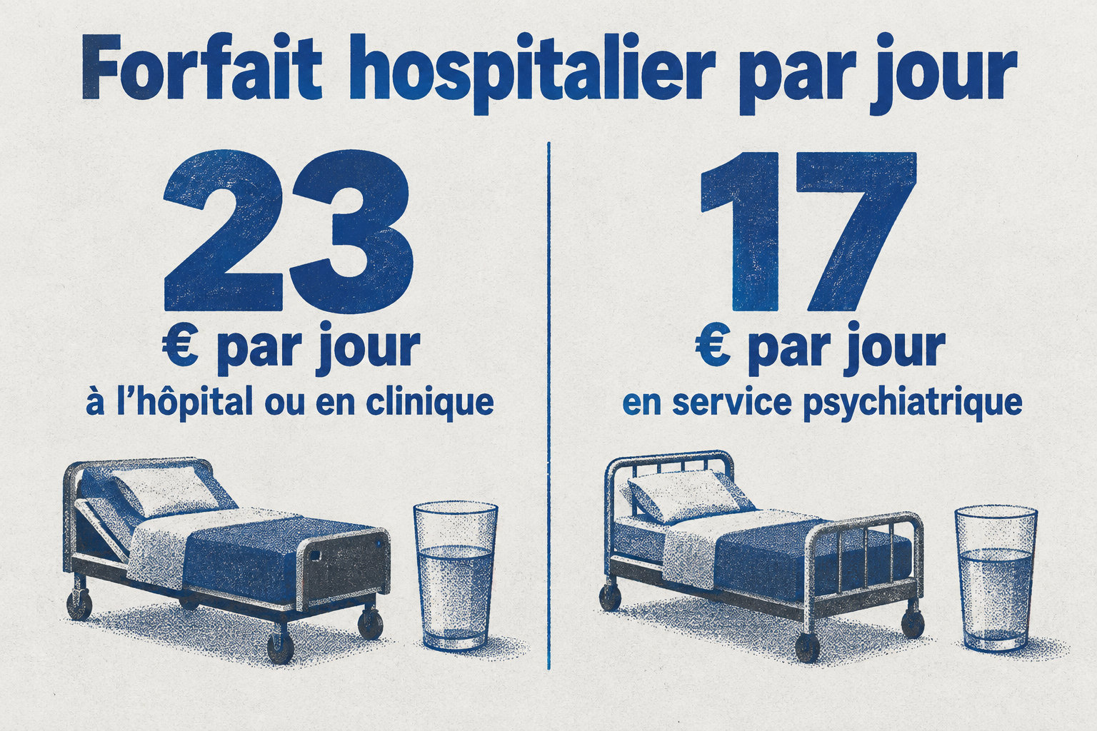 Le forfait hospitalier est de 23 € par jour à l’hôpital ou en clinique, contre 17 € par jour en service psychiatrique.